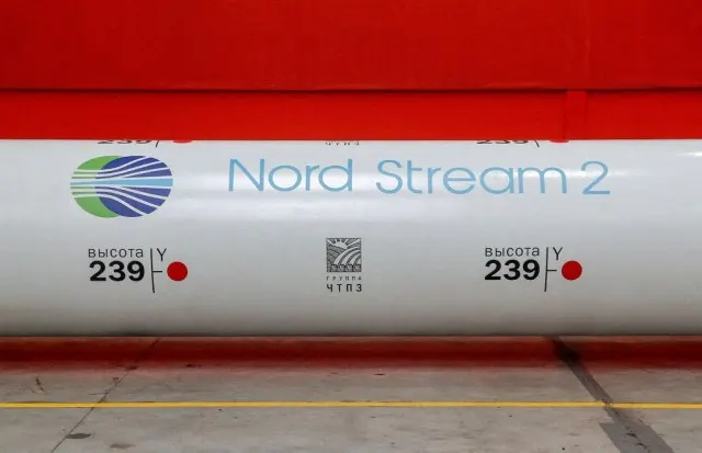 The logo of the Nord Stream 2 gas pipeline project is seen on a large diameter pipe in Chelyabinsk, Russia. 
