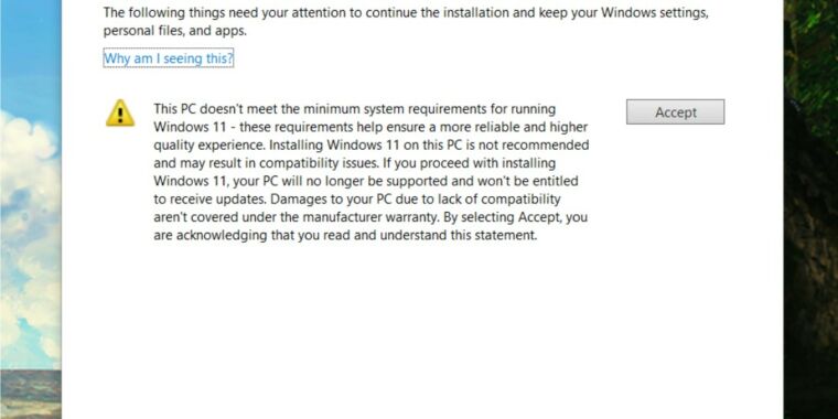 Windows 11 setup warns that you aren’t “entitled” to updates on unsupported PCs